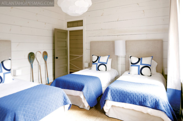 Son Jack“s room is awash in blue and white. Pillow fabric, Victoria Hagain though Ainsworth-Noah &“Associates. Oars, South of Market.