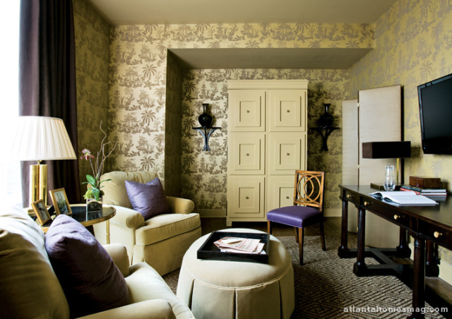 Brown started with two adjacent bedrooms and baths, exploding them into one grand master suite. This sitting area is the perfect
