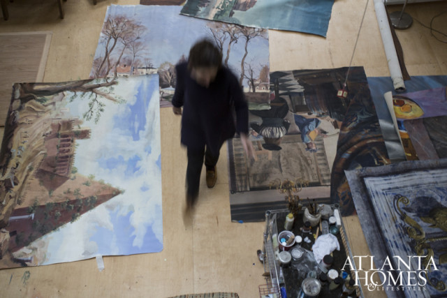 A former set painter for the Metropolitan Opera, the artist, pictured, is accustomed to painting large canvases on the floor.