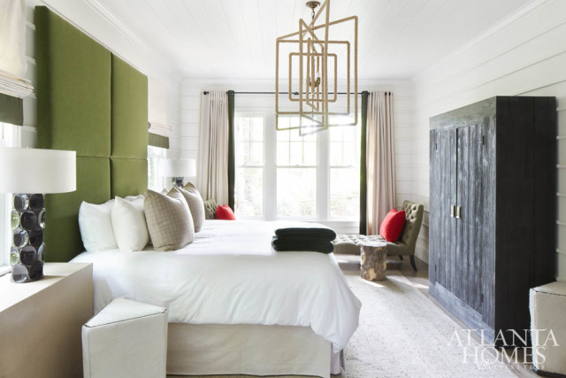 A play on scale adds a dose of whimsy to the master bedroom and bath. “It almost feels like a hotel room, luxurious but still a bit campy,” says Douglass. The rug is from CB2, while all other furnishings and accessories are from South of Market.