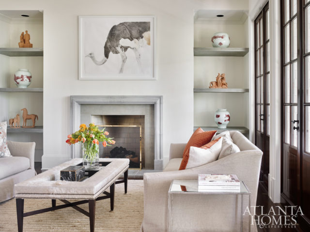 Webb came across the striking watercolor ostrich painting by Heather Lancaster via Spalding Nix Fine Art’s Instagram account. Its soft coloring was a perfect match for the room’s plaster and terra-cotta sculptures that are displayed on the new niche shelves. The sofas and pillows are from Bungalow Classic.