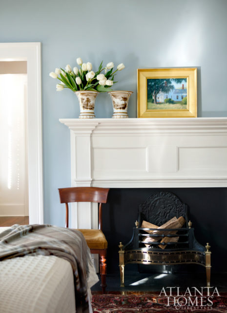 The 19th-century master bedroom mantel is from nearby Columbus, Ga. Vases, Parc Monceau.