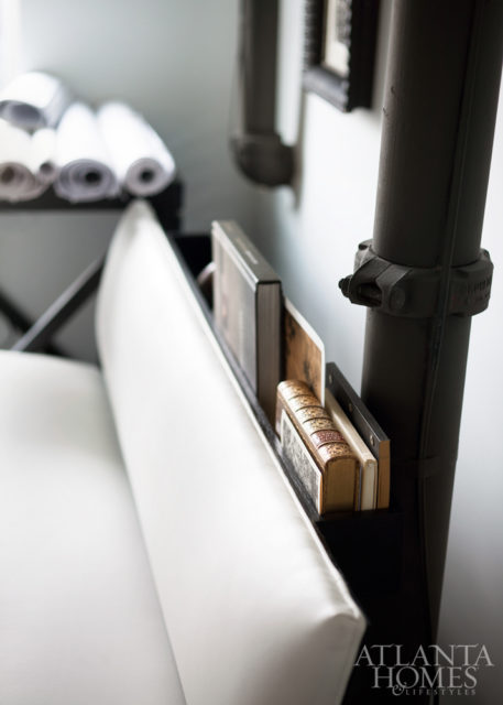 Smart use of space in McAlpine’s office transforms the back of a banquette into a book nook.