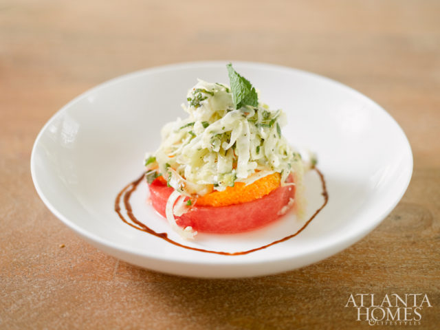 Watermelon salad with shaved fennel, orange and mint.