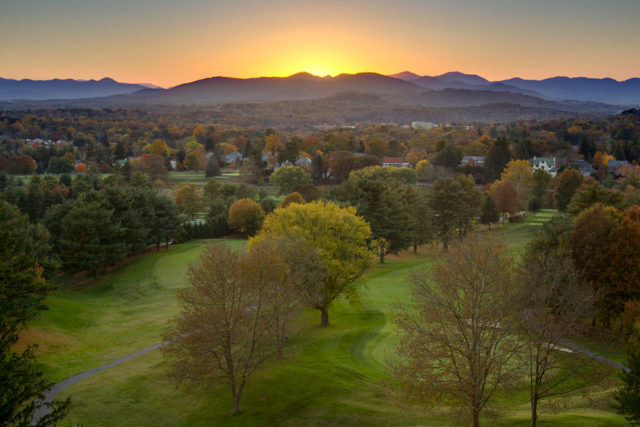 Resting on 85 acres, The Omni Grove Park Inn offers breathtaking sunset views of downtown Asheville and the Blue Ridge Mountains.