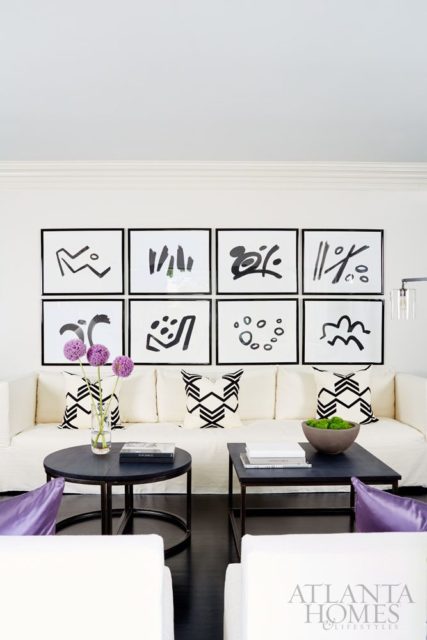 Neutral walls (Seapearl by Benjamin Moore), and vibrantly hued furnishings, such as a plush purple arm chaise and matching slate-colored chaises (all from South of Market), add a cheerful disposition to the main-level living spaces.