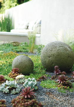 stone orbs decorate the garden