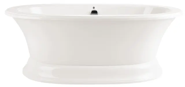 White freestanding bathtub with a wide rim and a flared base, featuring a chrome overflow drain.