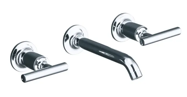 Wall-mounted faucet with chrome finish and black accents, featuring two lever handles and a curved spout.