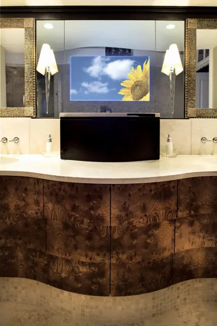 Bathroom vanity with burl wood cabinetry, marble countertop, and a mirrored cabinet displaying a sunflower against a blue sky