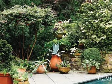 Stone retaining wall with potted plants including agave and boxwood, surrounded by lush greenery and trees.