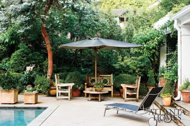 Patio with pool, lounge chair, umbrella, wooden bench, chairs, and potted plants surrounded by lush greenery and trees.
