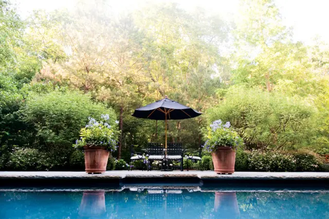Black umbrella over a metal bench and chairs by a pool, flanked by large terracotta pots with blue flowers and lush green trees in the background.