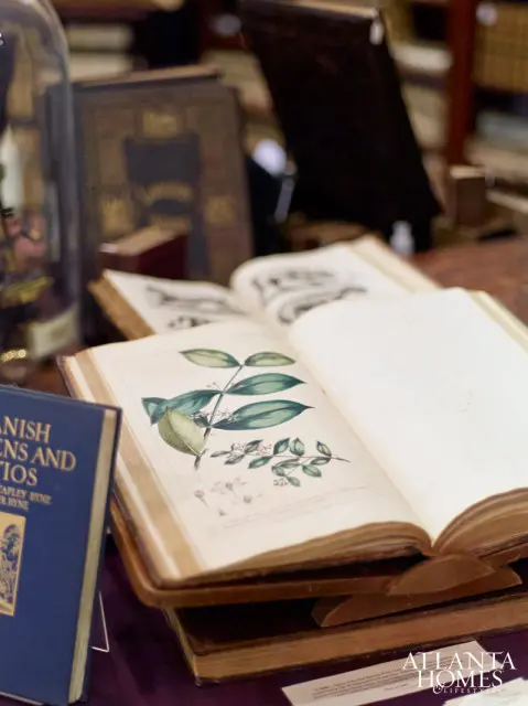 Open antique book with botanical illustration of green leaves and pink flowers, next to a blue book titled "SPANISH GARDENS AND PATIOS"