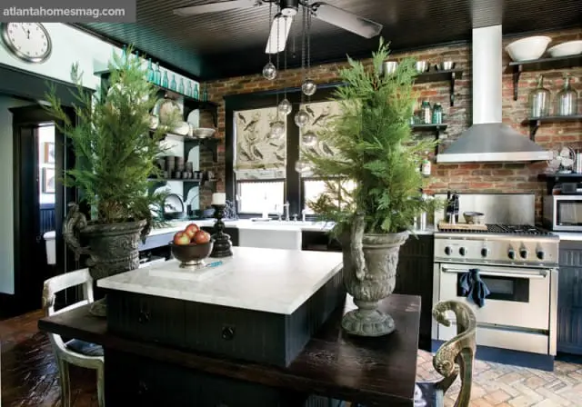 Dark wood kitchen island with marble countertop, stainless steel range with brick backsplash, and two potted evergreen trees.