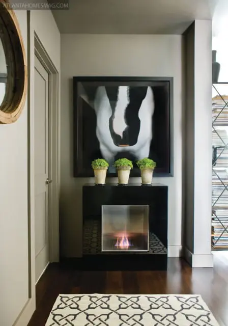 Hallway with a modern black fireplace featuring a glass enclosure and visible flame, topped with three potted plants. A large black and white abstract artwork hangs above.