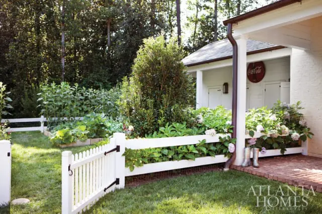 White picket fence surrounding a lush garden with raised beds and blooming hydrangeas. A white building with a Coca-Cola sign is visible in the background.
