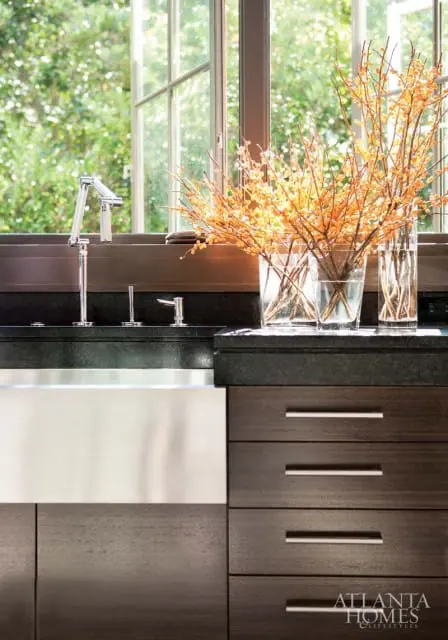 Dark wood kitchen cabinetry with stainless steel sink and faucet, granite countertops, and vases of orange berries on the counter.
