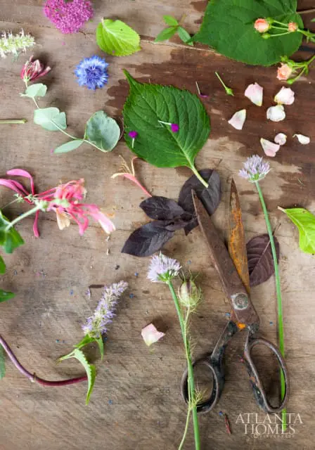 A rustic wooden surface is scattered with various flowers, leaves, and a pair of antique, rusty scissors.