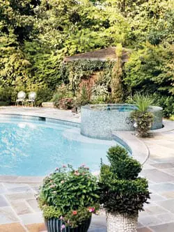 Curving swimming pool with mosaic tile spa surrounded by lush green trees, stone patio, and potted plants.