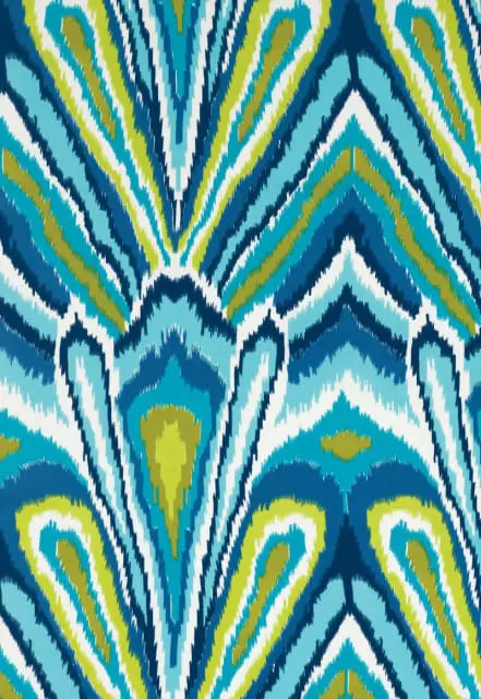 Abstract ikat pattern in shades of navy blue, teal, light blue, lime green, and white with a textured, brushstroke effect.