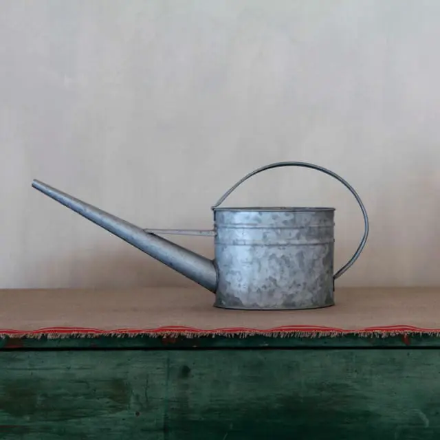 Galvanized metal watering can with a long spout and curved handle, resting on a burlap cloth with red trim.