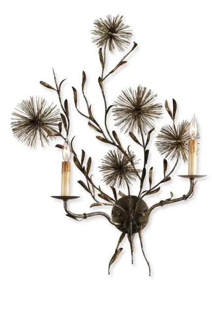 Ornate metal wall sconce with two candle-style lights and decorative floral elements resembling thistles or dandelions.