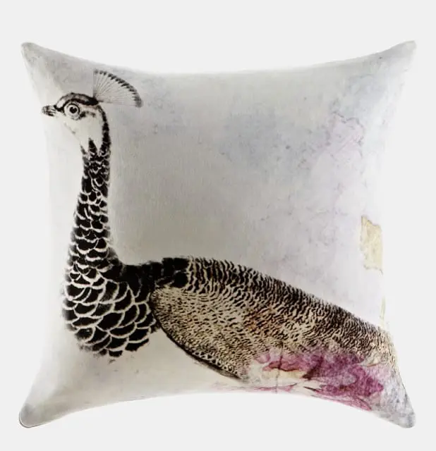 Square pillow with a photorealistic print of a bird with black and white patterned feathers and a crest on its head.