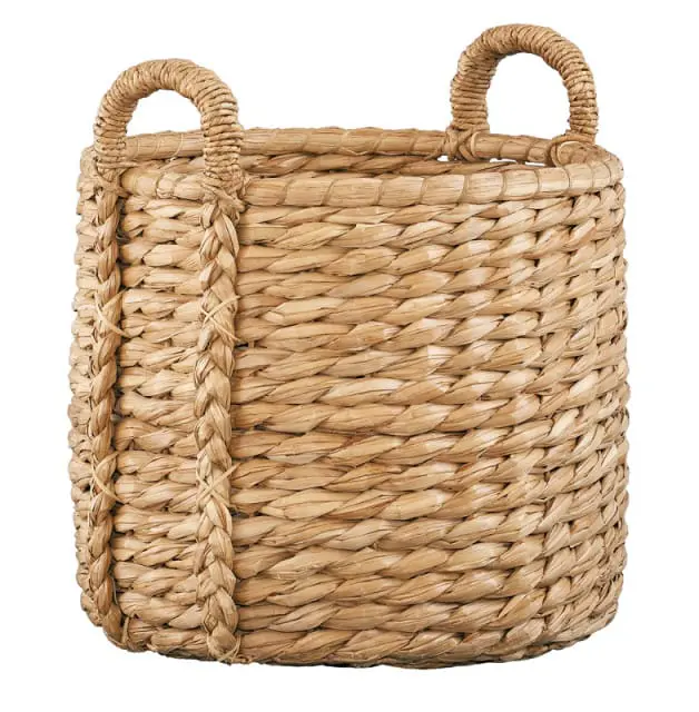 Woven hyacinth basket with braided handles and trim