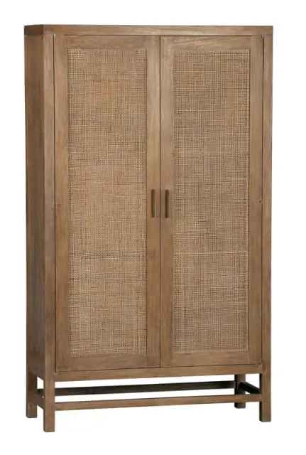 Tall wooden cabinet with two doors featuring cane webbing inserts and brass bar handles, set on a simple wooden base.