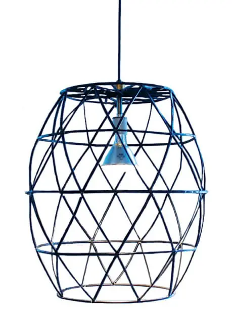 Black metal wire pendant light fixture with a geometric, spherical cage design and exposed bulb