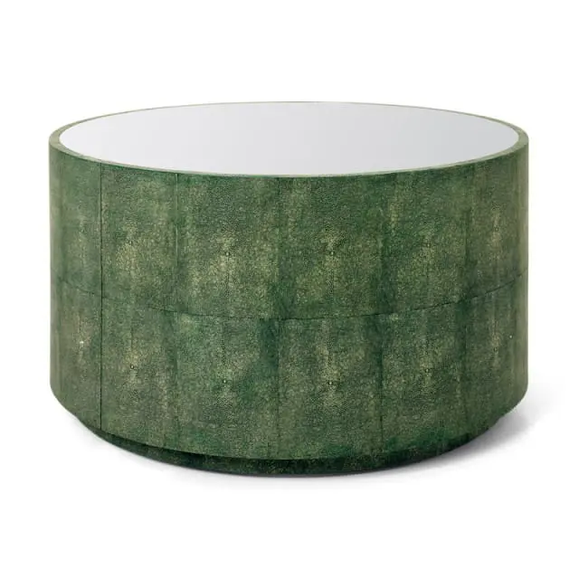 Cylindrical coffee table covered in green shagreen with a mirrored top.