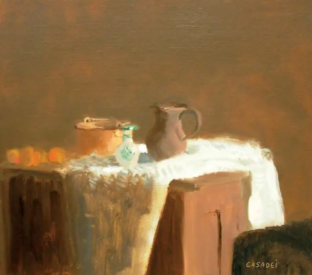 Oil painting of a still life featuring a brown pitcher, a small white vase with green accents, a lidded pot, and several orange fruits on a draped white cloth. The artist's signature 'CASADEI' is visible in the lower right corner.