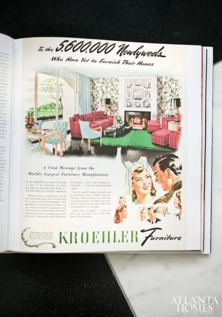Advertisement for Kroehler Furniture targeting newlyweds, featuring a mid-century living room scene and illustrations of couples. Text reads 'To the 5,600,000 Newlyweds Who Have Yet to Furnish Their Homes' and 'KROEHLER Furniture'.