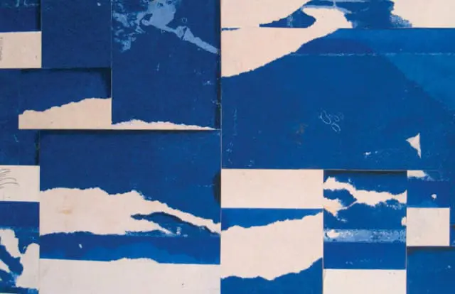 Abstract collage of torn paper in shades of blue and off-white, with visible texture and some faint markings.