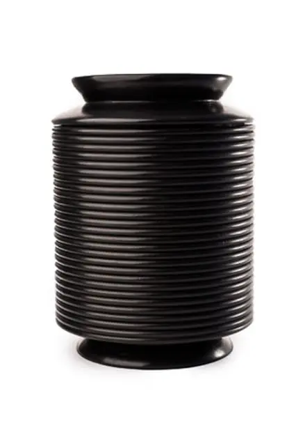 Black ceramic vase with horizontal ribbed texture and a flared lid and base.