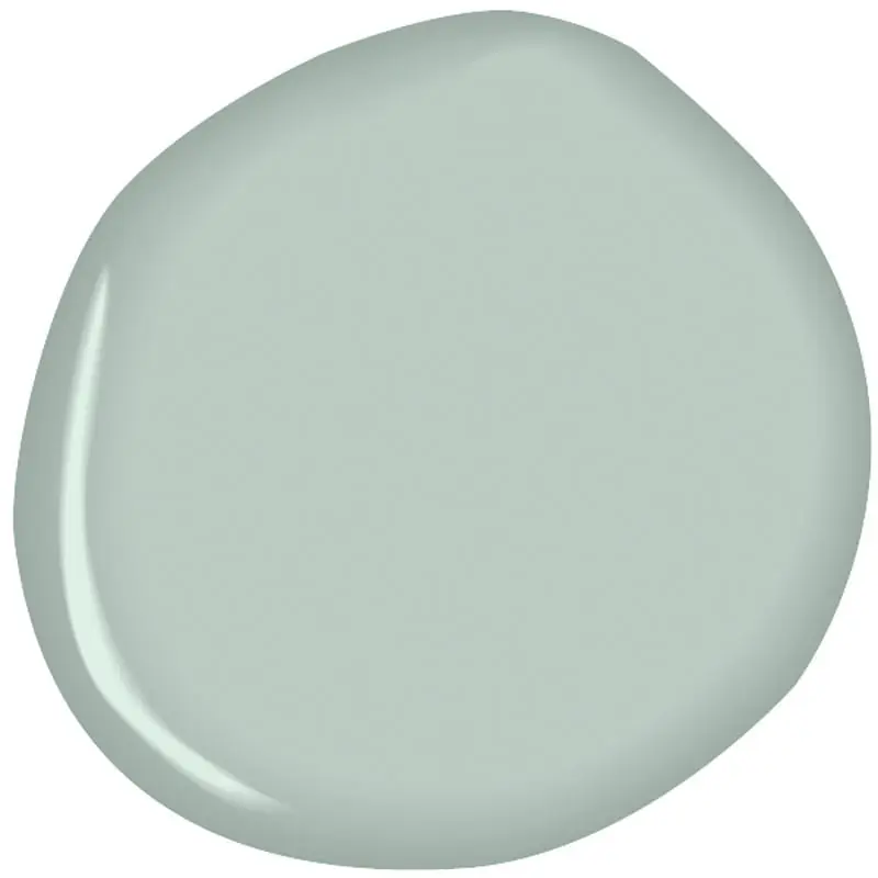 A single paint chip swatch in a soft, muted green-blue color with a glossy finish.