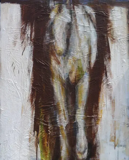 Abstract painting of a horse with textured brushstrokes in white, brown, and green hues.
