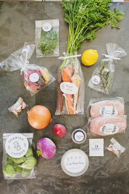 Overhead view of pre-portioned ingredients for a meal, including chicken breasts, carrots, parsnips, Brussels sprouts, onion, garlic, lemon, herbs, and cheese, all packaged for a meal kit.