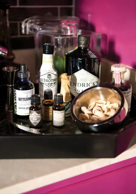 Assortment of bitters bottles, including Fee Brothers and The Bitter Truth, alongside a bottle of Hendrick's Gin and a small bowl of pistachios on a black tray.