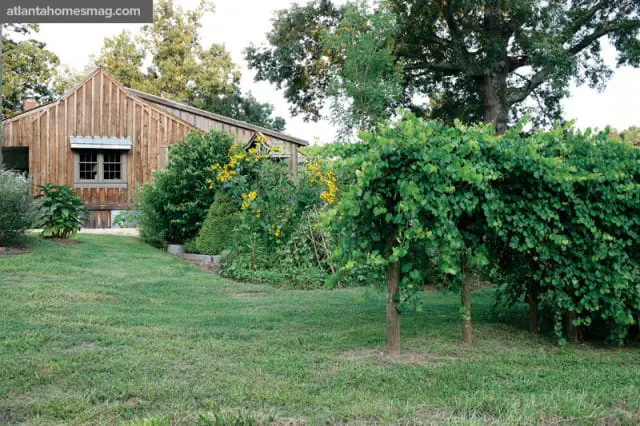 Wooden barn with large windows surrounded by lush green trees, flowering plants, and a manicured lawn.