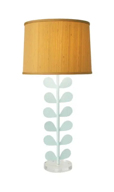 A light blue lamp with a stem shaped like a plant stalk with alternating leaf shapes, topped with a tan lampshade.