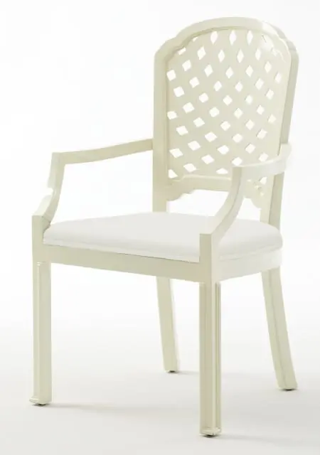 Cream-colored armchair with a lattice back and white upholstered seat against a white background
