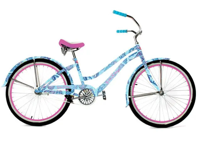 Blue and white patterned bicycle with pink seat and pink wheel rims.