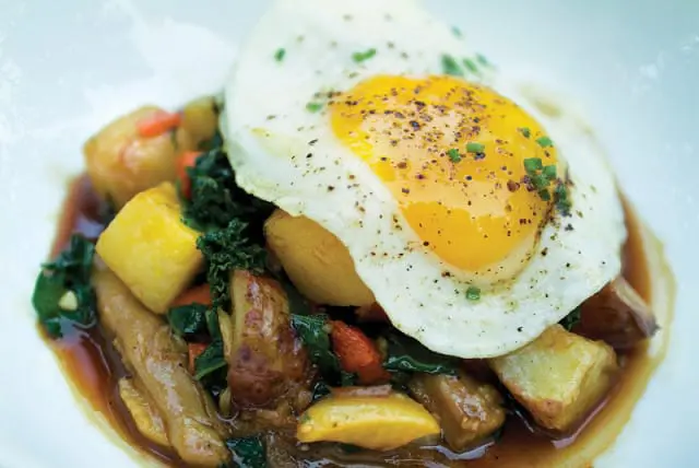 Fried egg with a bright yellow yolk served over a medley of roasted potatoes, kale, and carrots in a rich brown sauce.