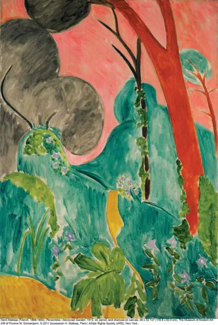 Painting of a garden with large, abstract shapes in shades of green, gray, and red against a pink background. Features include a red tree trunk, dark gray rounded forms, and lush green foliage with small purple flowers.