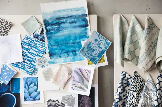 Mood board with fabric swatches, watercolor painting, and botanical prints in shades of blue, green, and pink.