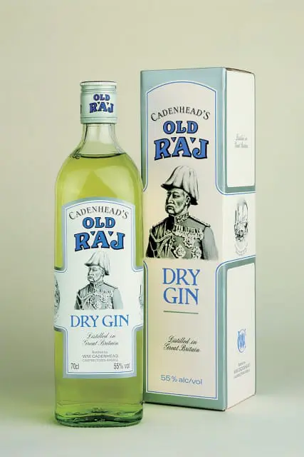Bottle and box of Cadenhead's Old Raj Dry Gin, featuring a portrait of a man in military attire.