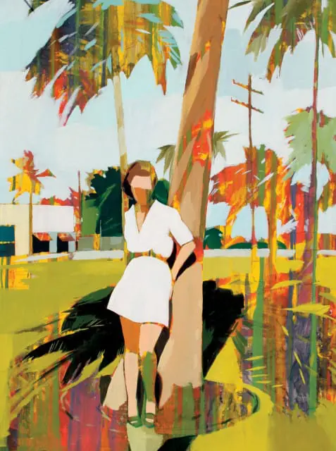 Painting of a woman in a white dress leaning against a tree, surrounded by palm trees and colorful abstract foliage.