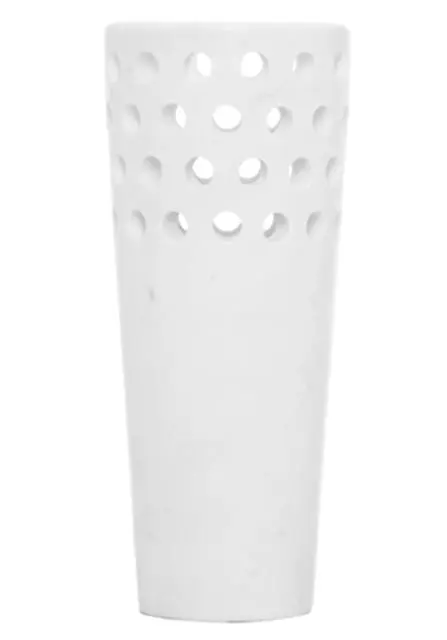 White marble vase with a pattern of circular perforations around the upper half.